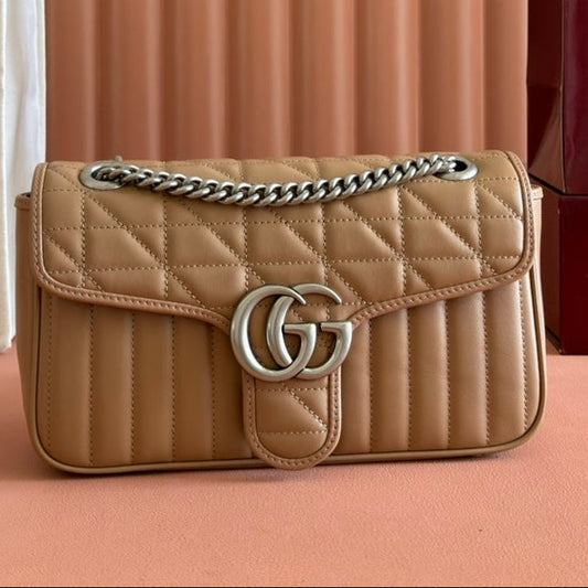 Gucci GG Marmont 26 Bag with Silver Hardware Beige Calfskin 248235